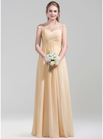 A-Line/Princess Scoop Chiffon Lace With Pleats Floor-Length Bridesmaid Dresses main image 1
