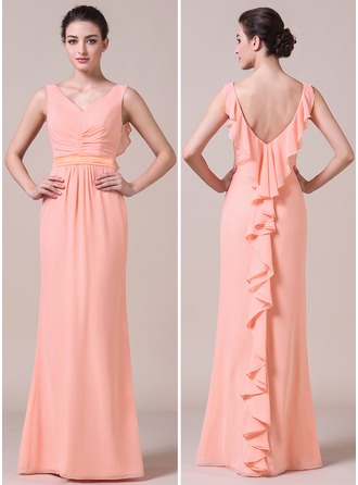 Trumpet/Mermaid V-Neck Floor-length Long Bridesmaid Dresses With Ruffles