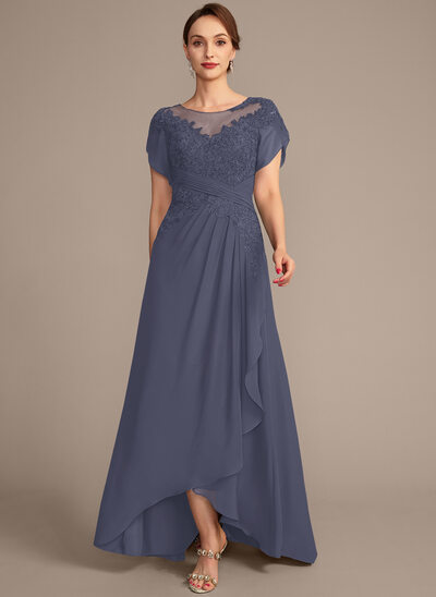 A-line Scoop Illusion Asymmetrical Lace Chiffon Mother of the Bride Dress With Cascading Ruffles 