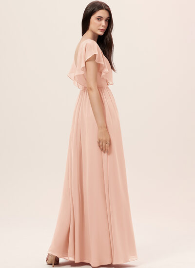 Vestido Delicado De Chiffon Para Dama De Honor Junior Con Mangas De Volantes Y Escote En V Rojo