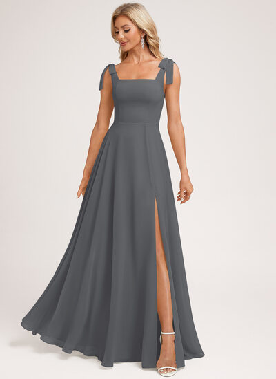 chinese dress ladies Zapakasa Women Simple Grey Blue Mermaid Long Bridesmaid Dress with Slit Spaghetti Straps Satin Formal Dress with Bow, Black / Custom main image 1