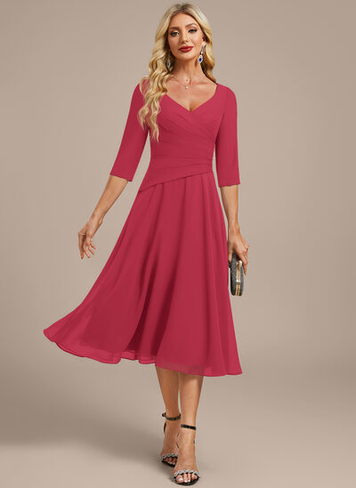 A-line V-Neck Pleated Chiffon Dress