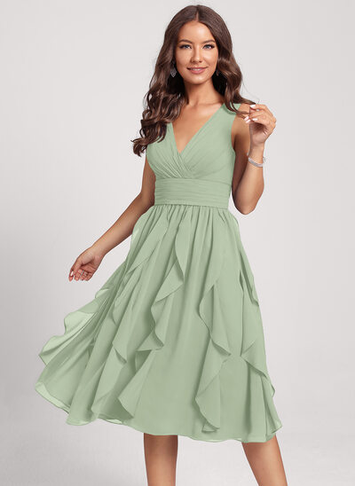 Kjole Midi i Chiffon med Brusende Volanger
