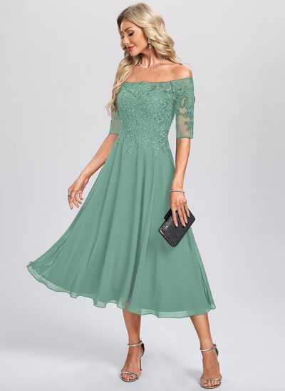 Off the Shoulder Chiffon Midi Dress