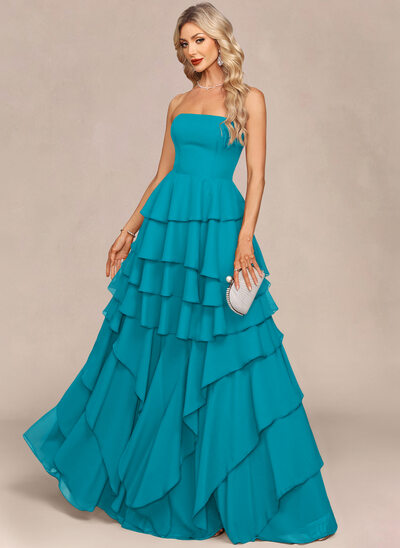 Strapless Cascading Ruffles Chiffon Maxi Dress