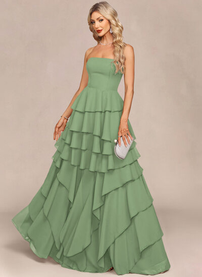 Kleid Maxi mit Trägerlos Kaskaden-Rüschen aus Chiffon