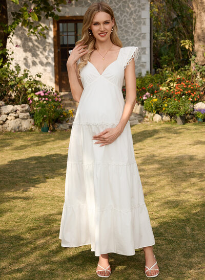 beige and white maxi dress Roxy Lace Baby Shower Maternity Photoshoot Dress – Room For Two