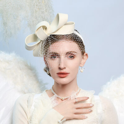 Women's Winter Bowknot Veil Wool Cocktail Fascinators With Hair band 