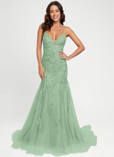 elegant fashion wear dress materials Sage Green Floral Appliques Straps A-Line Prom Dress – Dreamdressy main image 0