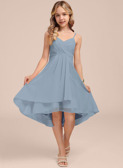 dusty blue childrens bridesmaid dresses Dusty Blue Junior Bridesmaid Dresses with Elegant Sleeves main image 1