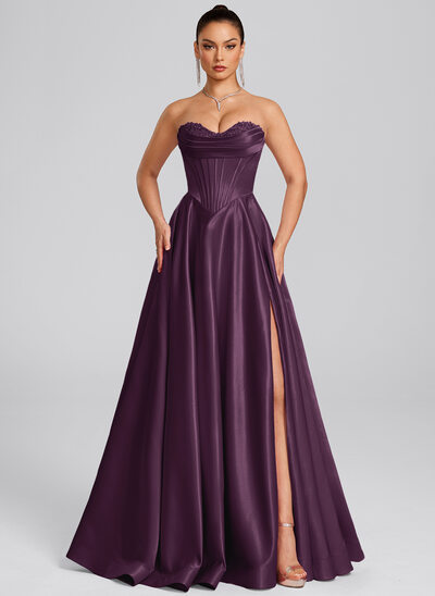 strapless open back dress Purple Satin A-line V Neck Long Prom Dress Evening Dresses with Sweep  Train, MP347 – Musebridals