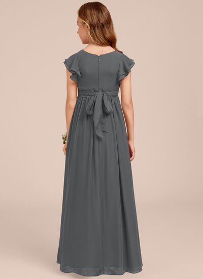 gray junior bridesmaid dresses Long A-Line V Neck Chiffon Junior Bridesmaid Dress