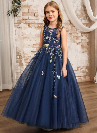 Dusty Blue Navy Floral Girls Dress Dark Navy Flower Girl Dresses JJ's House