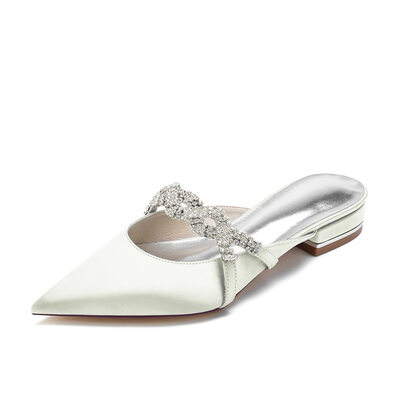 Women's Wedding Shoes Satin Flat Heel Point Toe Mules Elegant Rhinestone Wedding Shoes