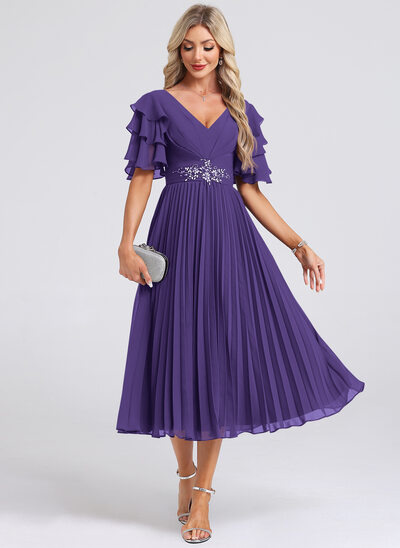 Pleated Chiffon Midi Dress