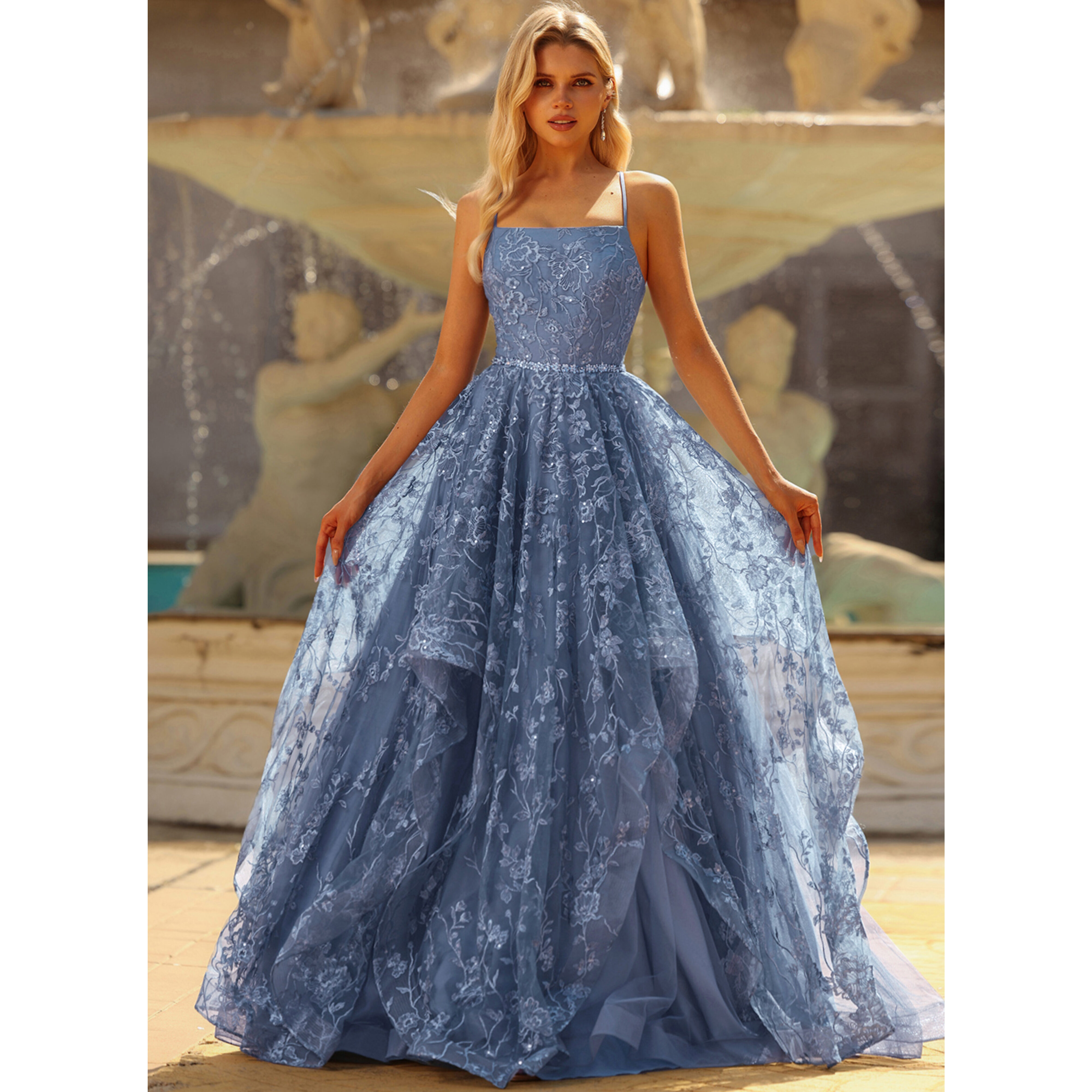JJ's House Ball-Gown Princess Straight Floor-Length Lace Prom Dress 2026 With Beading - Size: 06, Slate Blue JJ's House Ball-Gown Princess Straight Floor-Length Lace Prom Dress 2026 With Beading - Size: 06, Slate Blue