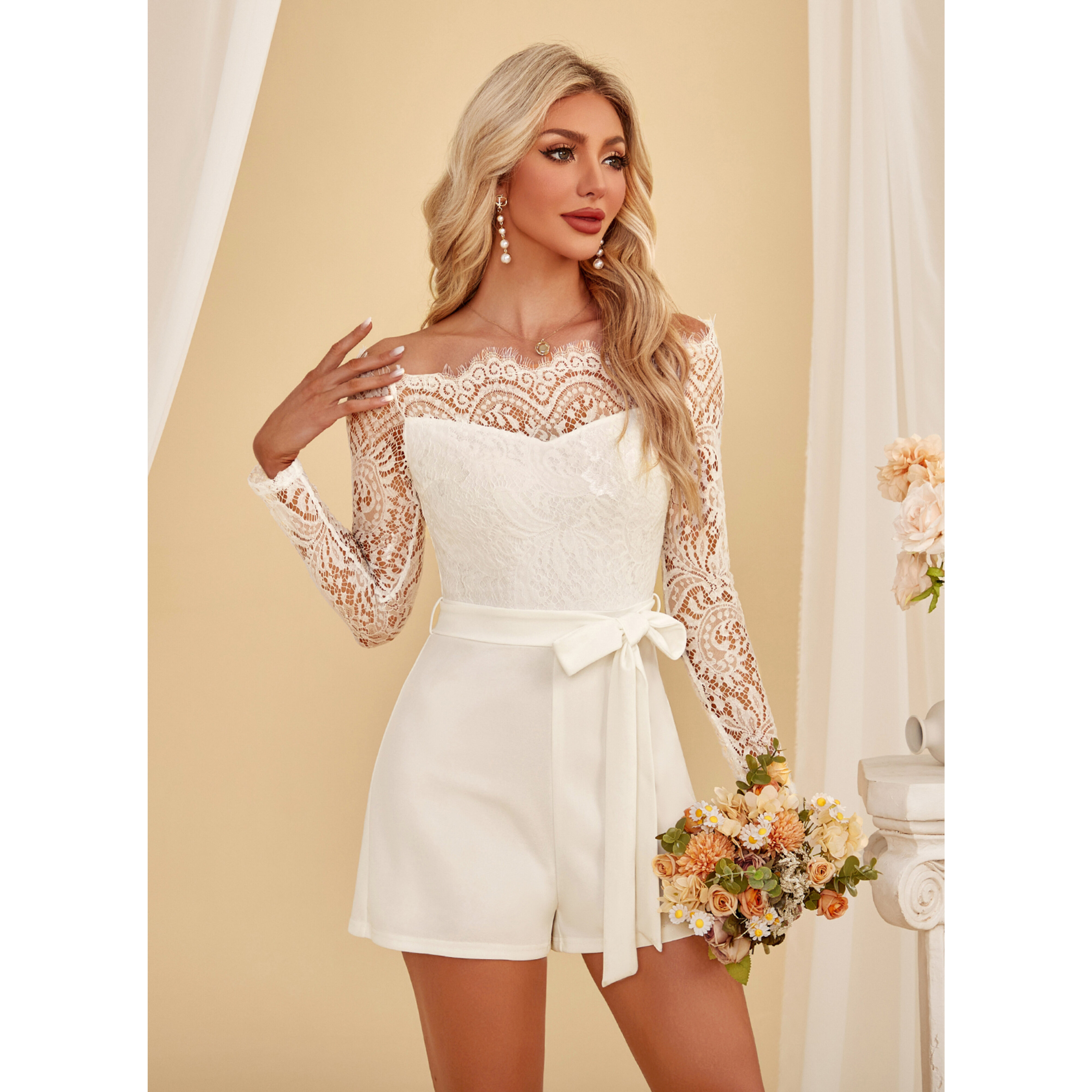 JJ's House Jumpsuits Off the Shoulder Mini Lace Stretch Crepe Wedding Dress 2026 - Size: S, White JJ's House Jumpsuits Off the Shoulder Mini Lace Stretch Crepe Wedding Dress 2026 - Size: S, White